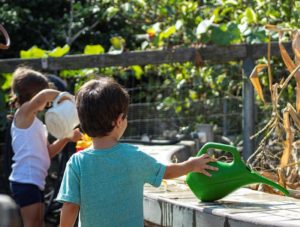 children water plants with watering cans