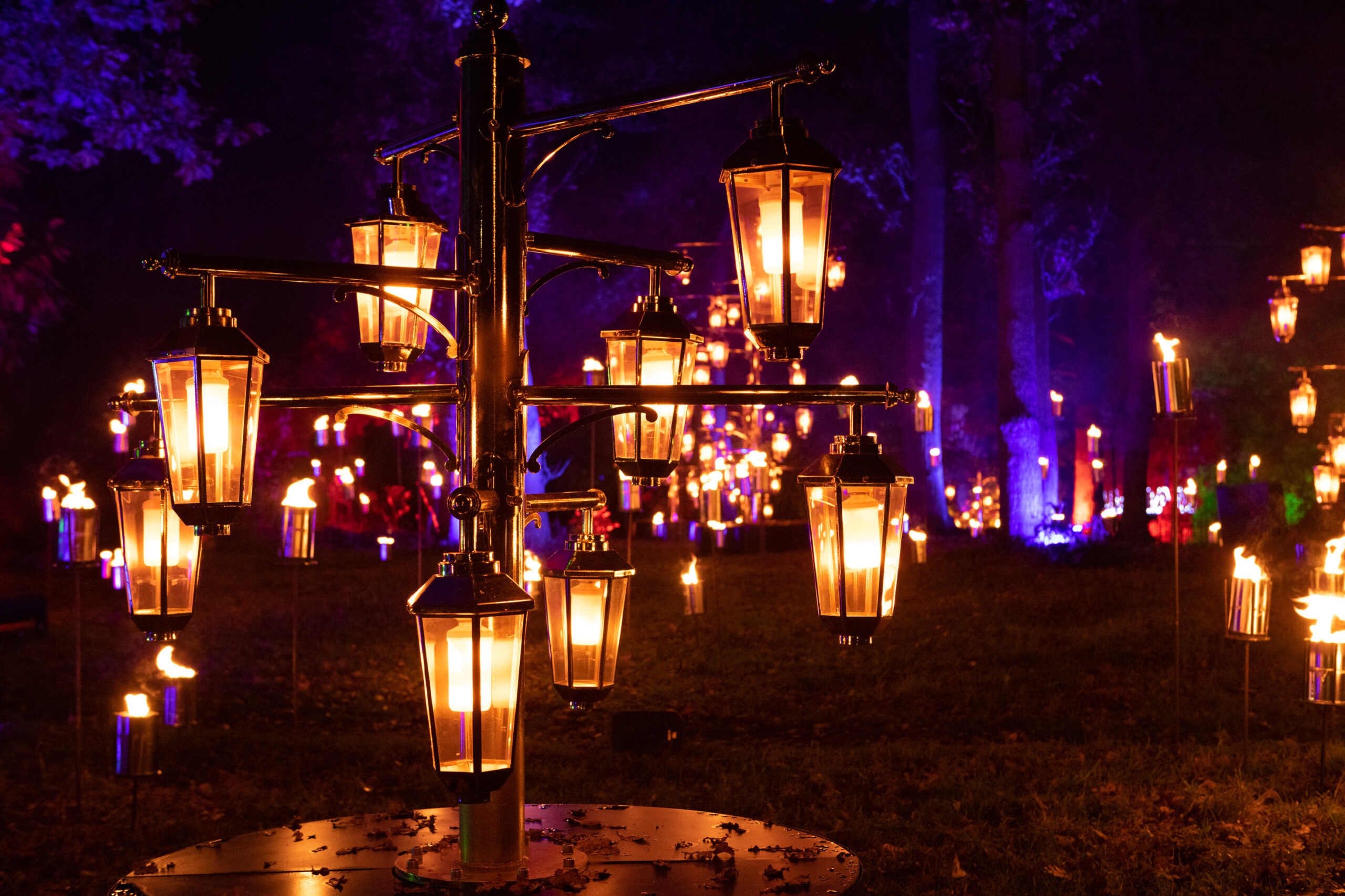 Lightscape installation, fire lanterns on metal post in open field