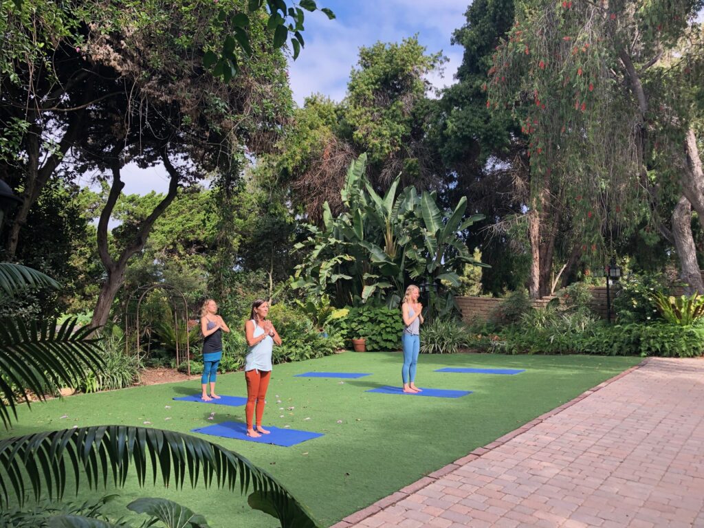 three guests on yoga matts in standing pose in the Walled Garden